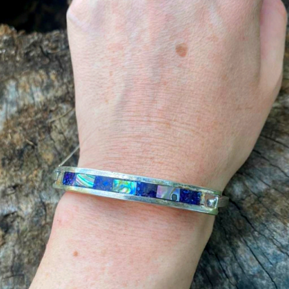 Vintage Sterling Silver and Abalone Shell Inlaid Bracelet